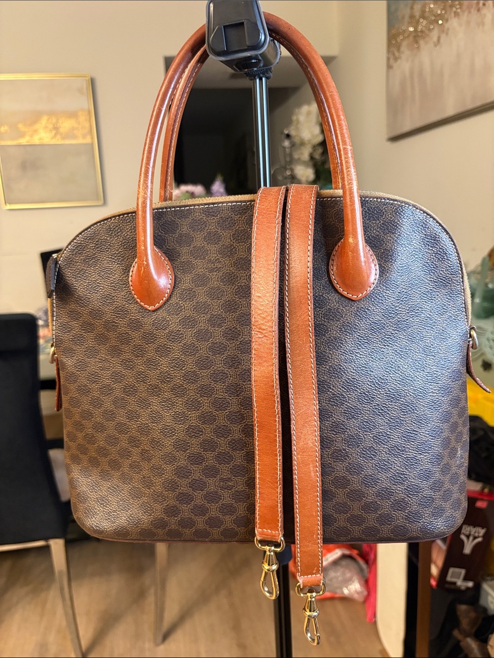 Celine Brown Monogram Messenger Bag with Tan Leather Trim